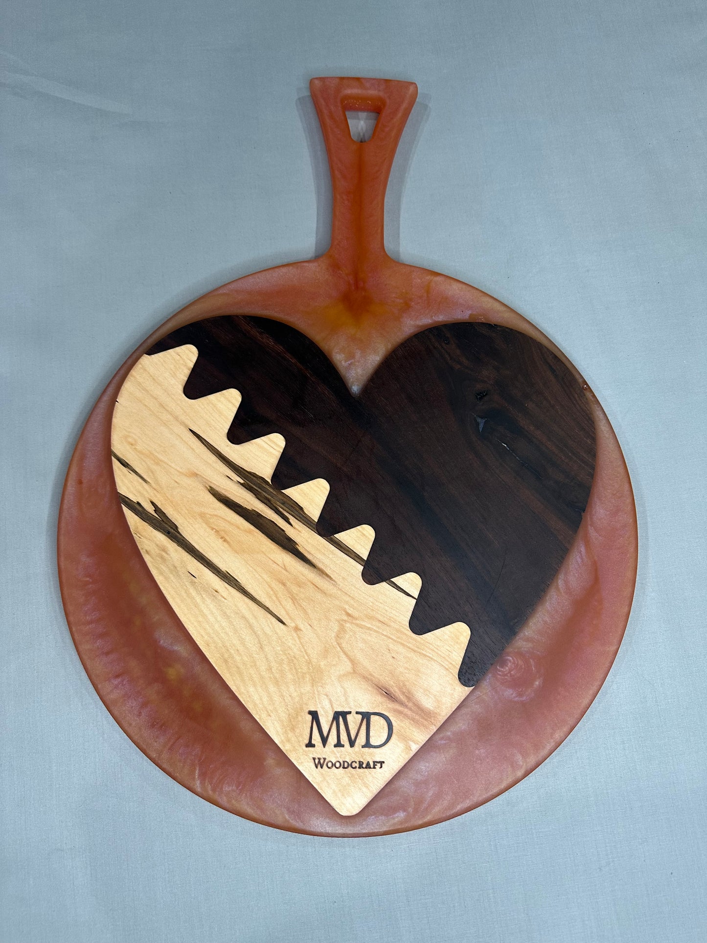 Walnut and Maple Heart Charcuterie Board with Pink Epoxy