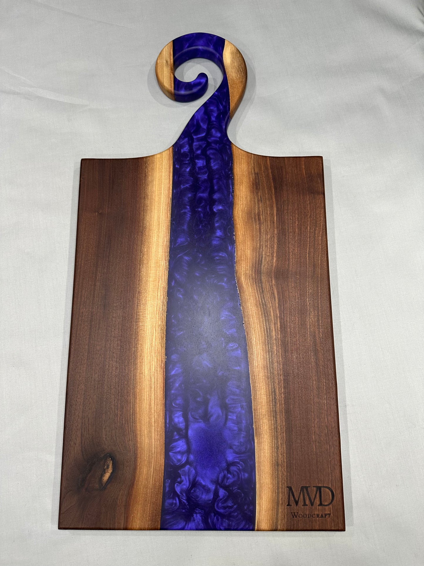 Walnut Charcuterie Board with Purple Swirl Handle
