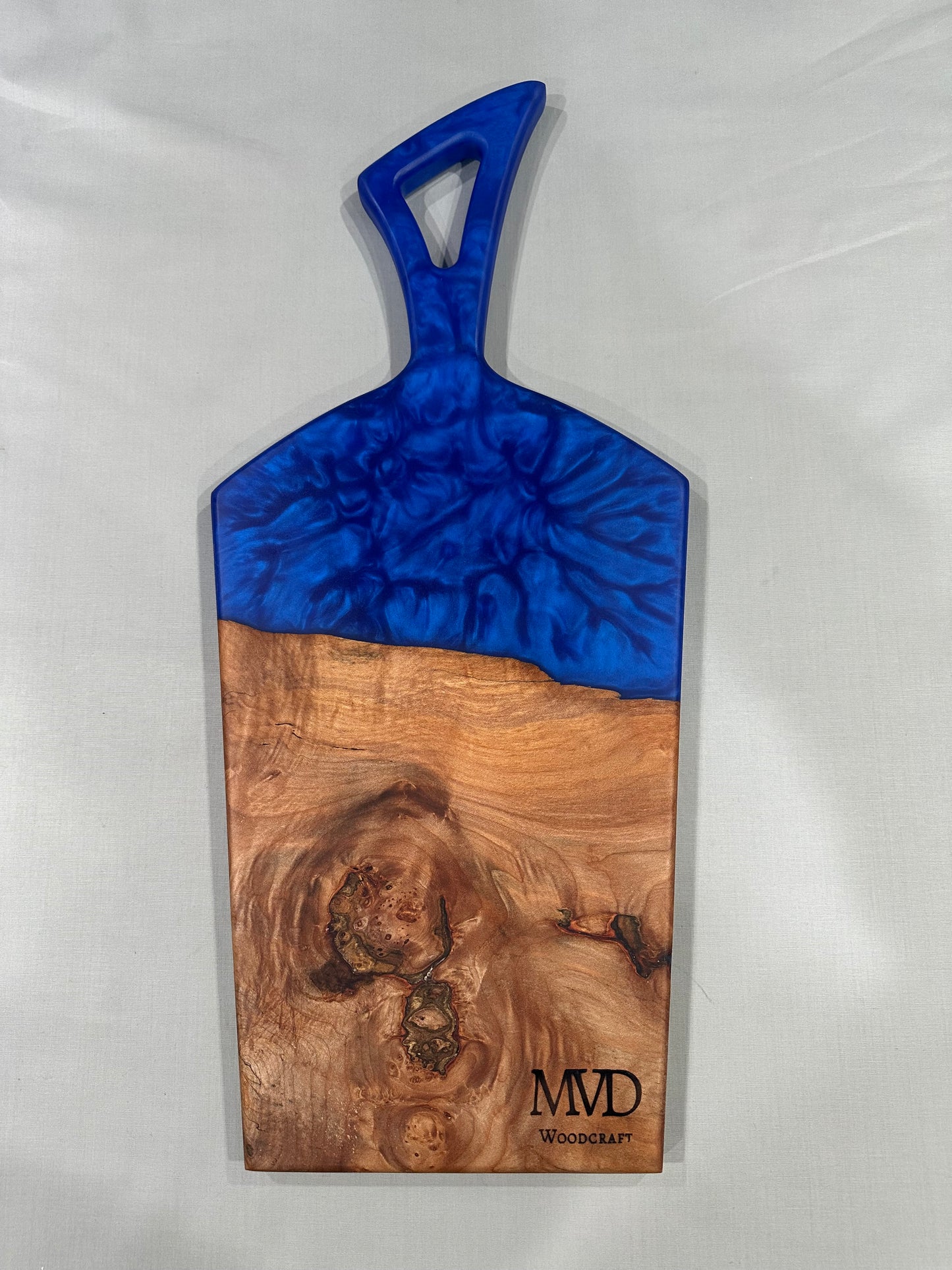 Figured Maple Burl Charcuterie Boad with Blue Epoxy