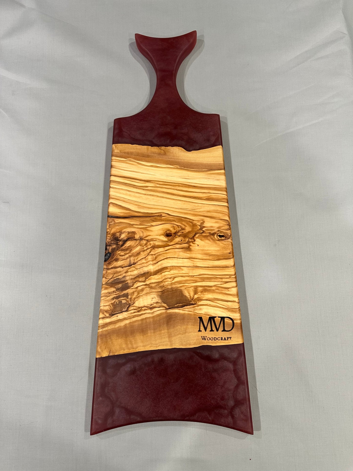 Figured Olivewood Charcuterie Board with Red Epoxy