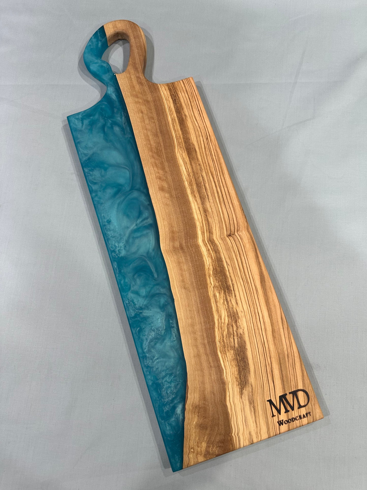 Figured Olivewood Charcuterie Board with Blue Epoxy