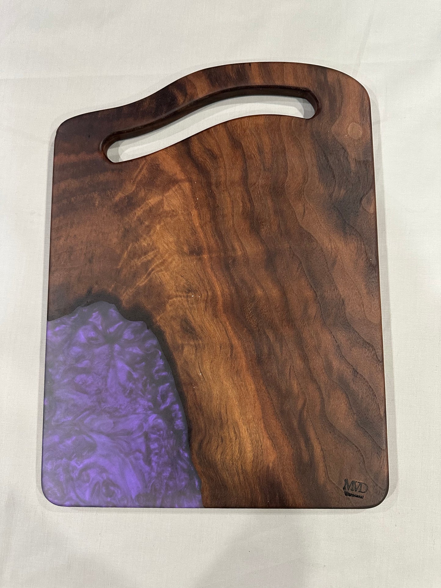 Figured Curly Walnut Charcuterie Board with Purple Epoxy