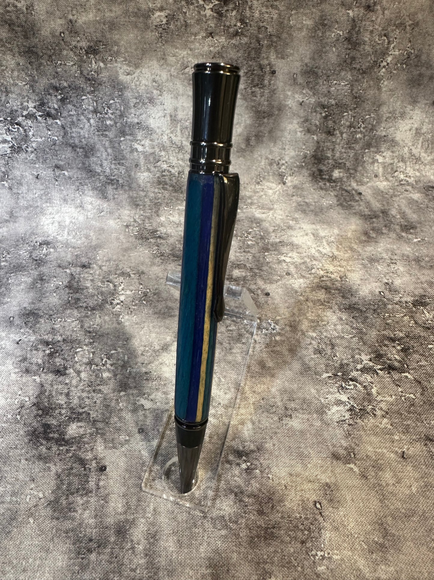 Blue Laminated Wood Twist-to-Retract Pen