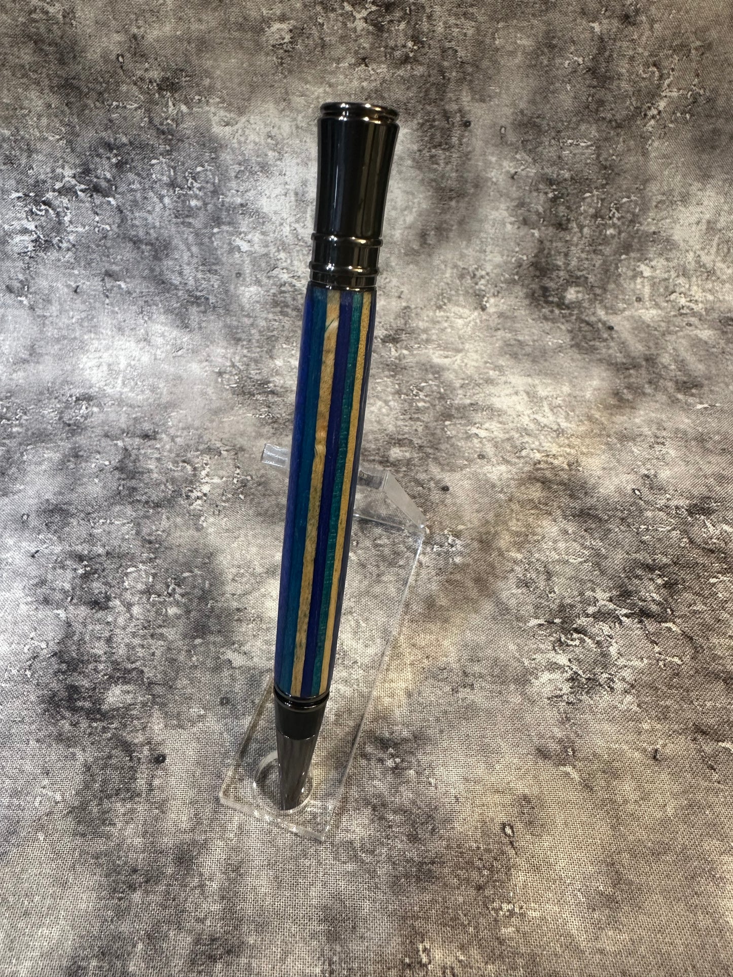 Blue Laminated Wood Twist-to-Retract Pen