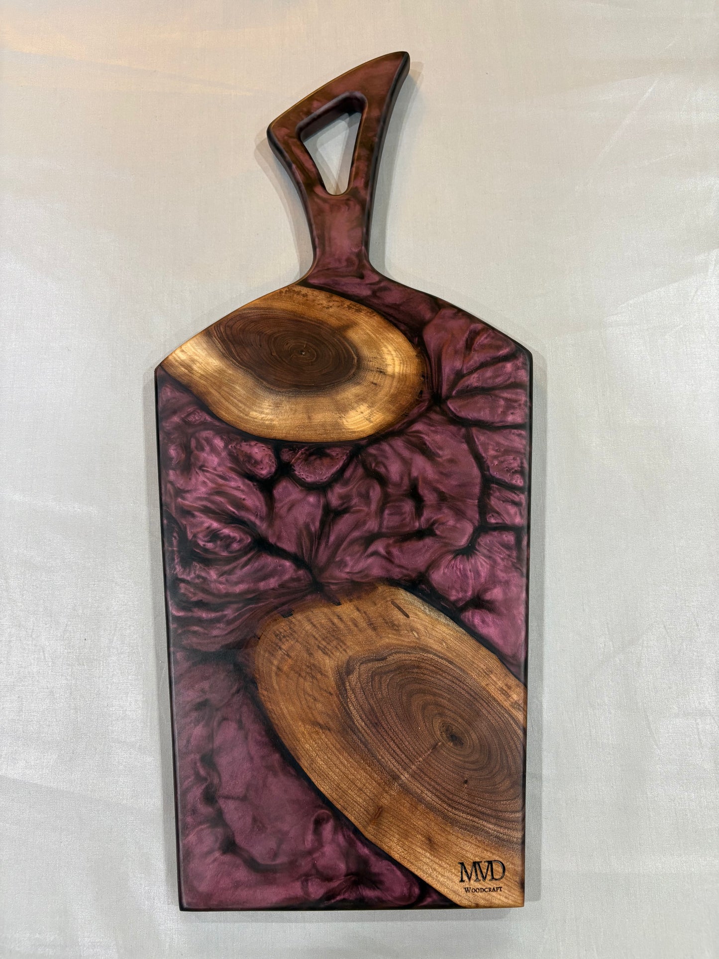 Walnut Cookie Charcuterie Board with Purple-Red Epoxy