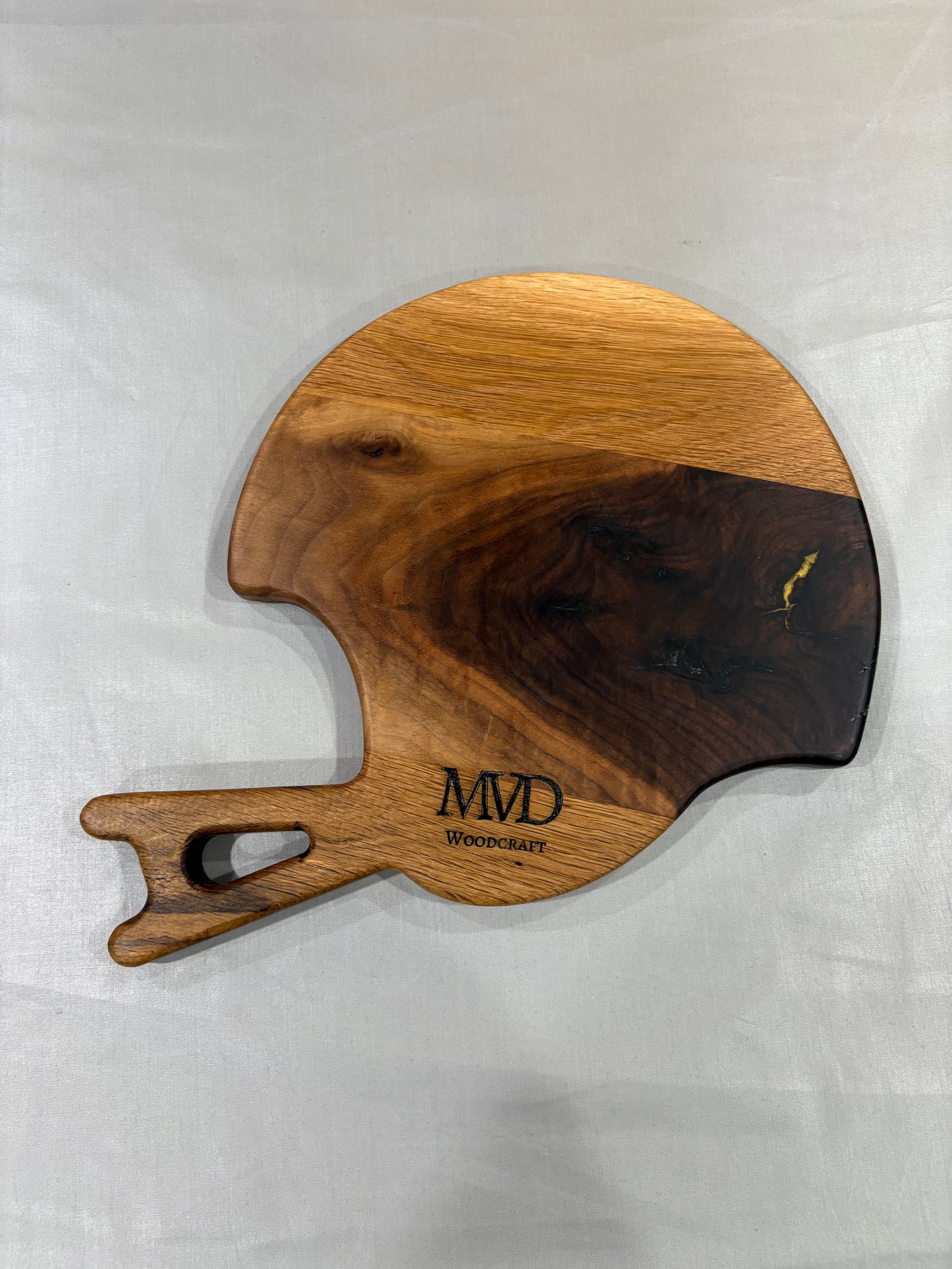 Walnut and Oak Football Helmet Charcuterie Board