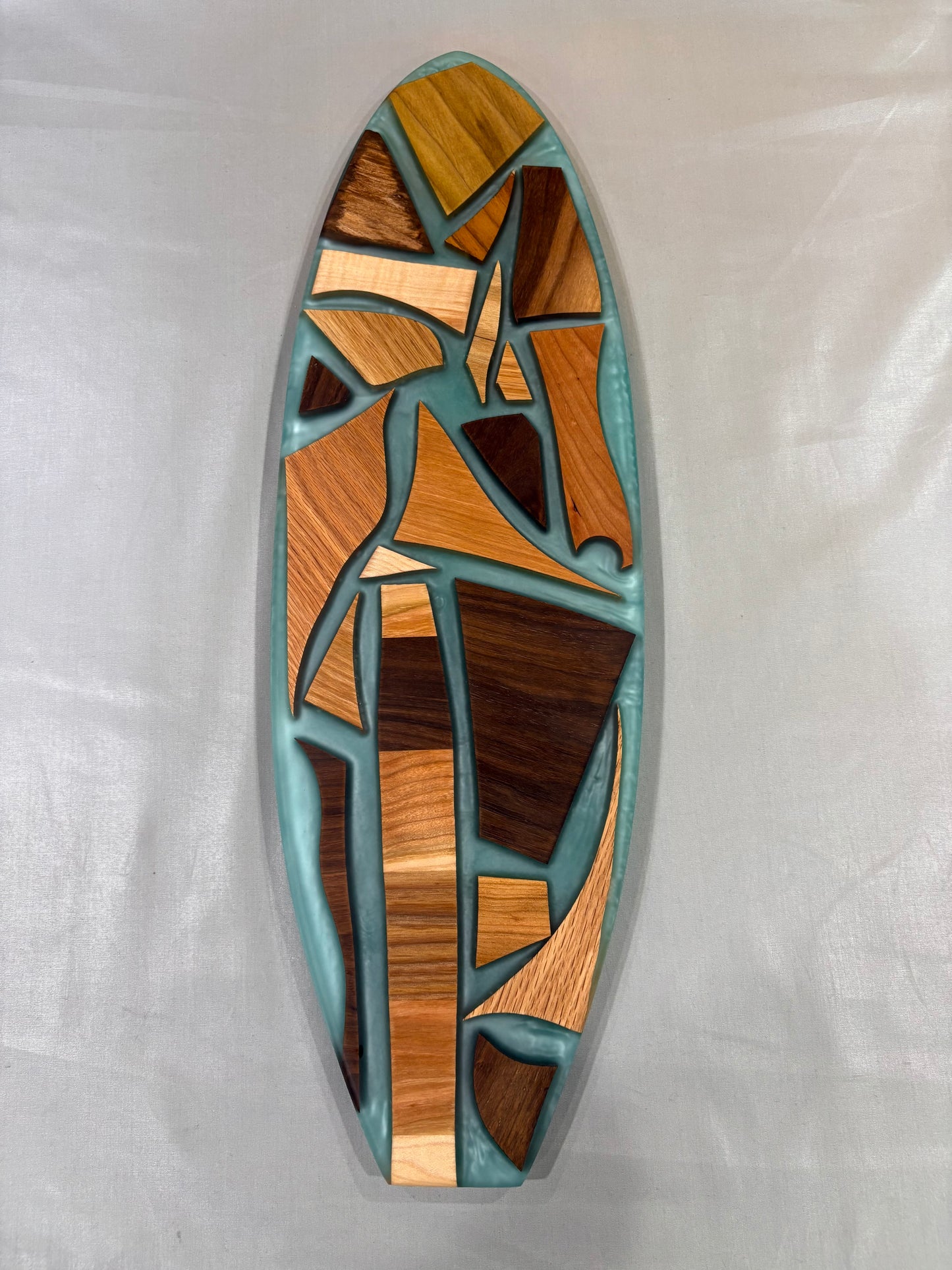 Surf Board Mixed Wood Charcuterie Board with Teal Epoxy