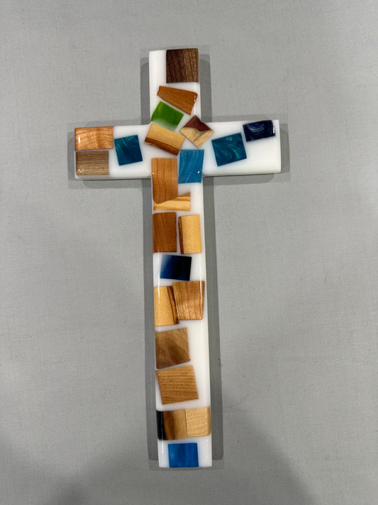 White Cross with Mixed Wood Cubes