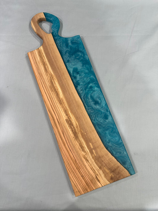 Figured Olivewood Charcuterie Board with Blue Epoxy