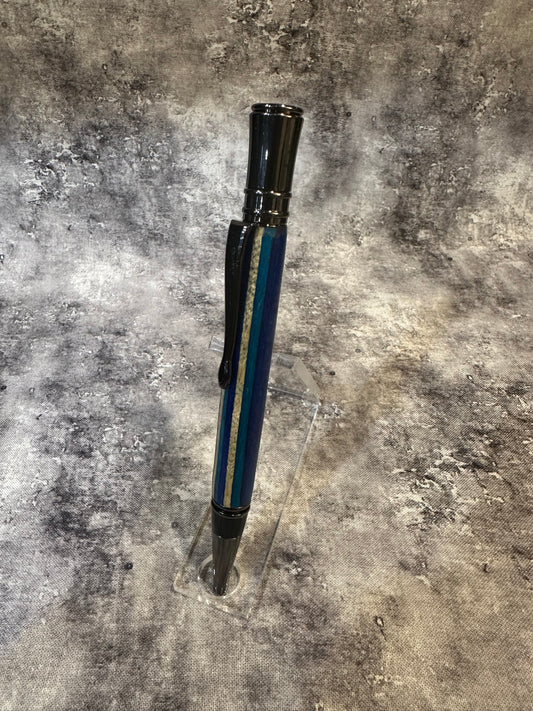 Blue Laminated Wood Twist-to-Retract Pen