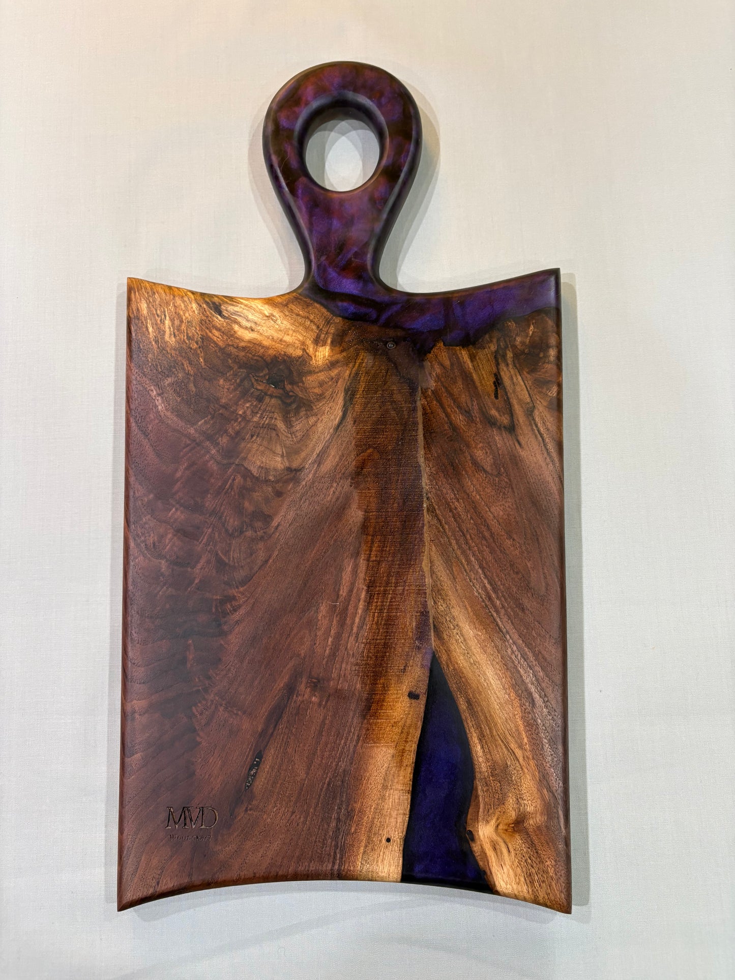 Figured Walnut Charcuterie Board with Purple Epoxy