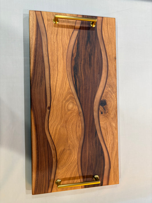 Oak and Walnut Serving Tray with Copper-Colored Epoxy