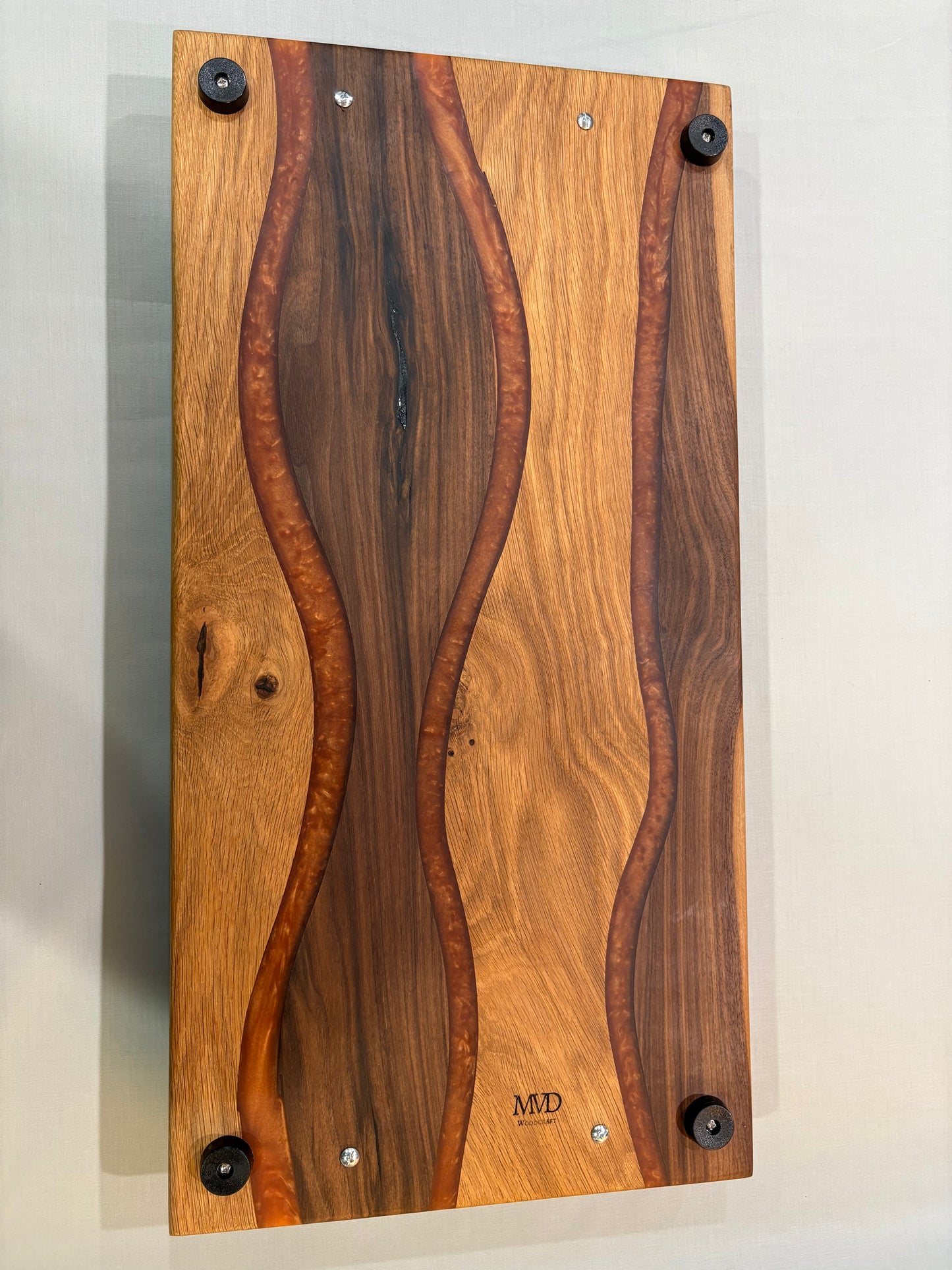 Oak and Walnut Serving Tray with Copper-Colored Epoxy
