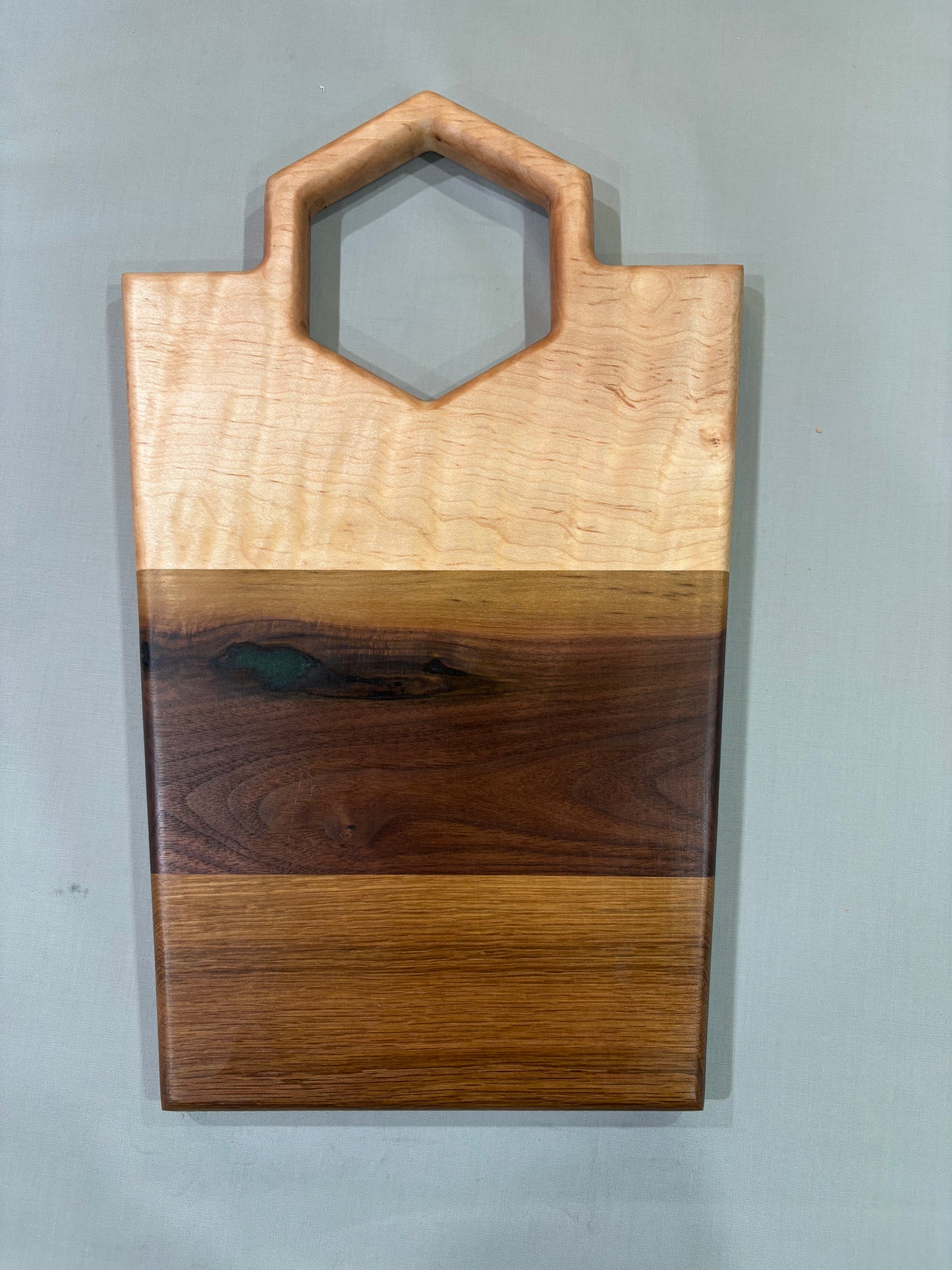 Figured Maple, Walnut, & Oak Charcuterie Board w/ Blue Epoxy