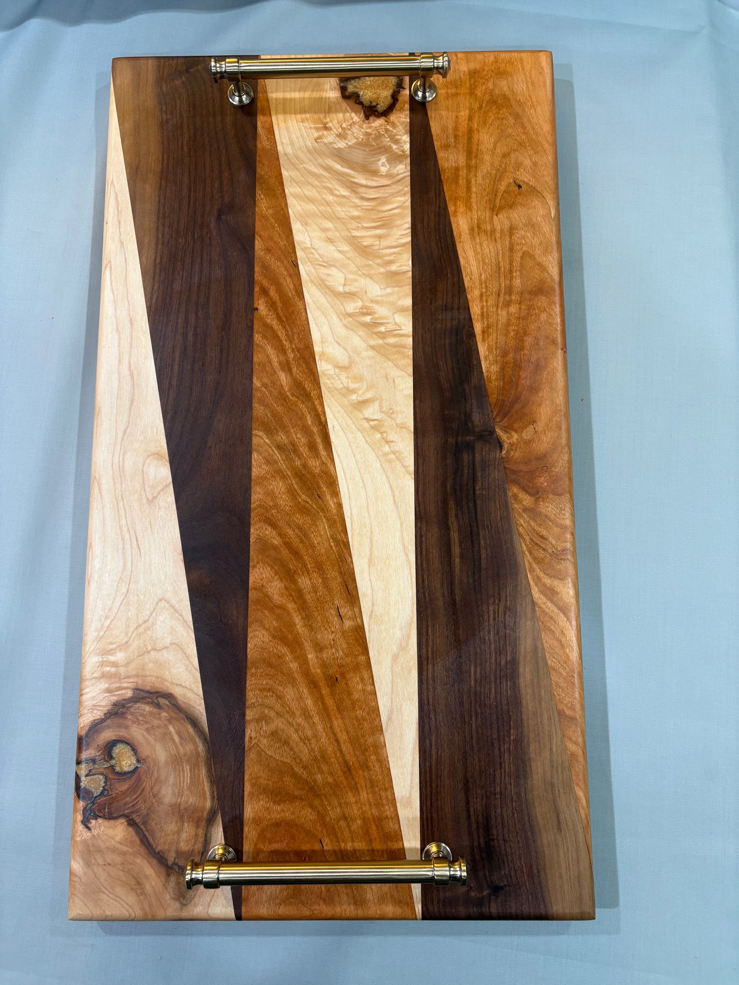 Figured Maple, Walnut, and Cherry Serving Tray with Gold Epoxy